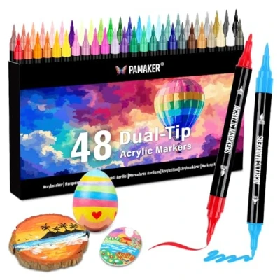 Abbildung von 48 Farben Acrylstifte Set Acrylmarker mit feiner Spitze und Pinsel für Stoff, Leinwand, Glas, Holz Papier Ideal Kinder Erwachsene, zum Zeichnen DIY Bastelprojekte