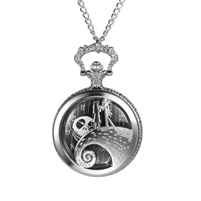 Abbildung von JewelryWe Taschenuhr Herren Damen mit Schädel Totenkopf Jack Skellington aus The Nightmare Before Christmas, Quarz Analog Uhr Kette Halskette Silber