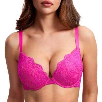 Abbildung von DOBREVA Damen Push Up BH Mit Spitze Gepolstert Plunge Bügel Vollschalen BHS Gemoldete Cups Glitzer Rosa 85C