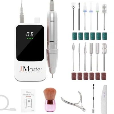 Abbildung von Nagelfräser JCMaster Profi, Fräser Nägel 35.000 U/Min, tragbare elektrische Nagelfeile für Gelnägel Acrylnägel mit wiederaufladbare Batterie, Nagelfräser, inkl 12x Bits, Knopfsteuerung
