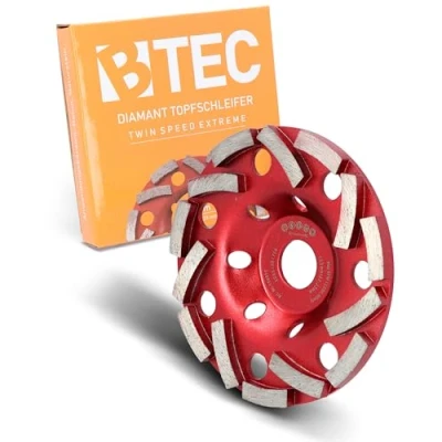 Abbildung von BTEC Twin Speed Extreme Diamant Schleiftopf für Beton, Naturstein, Fliesenkleber, Granit &amp; Mauerwerk Topfschleifer Ø 125 mm + Bohrung 22,23 Schleifscheibe doppelreihig mit Spezial Anordnung