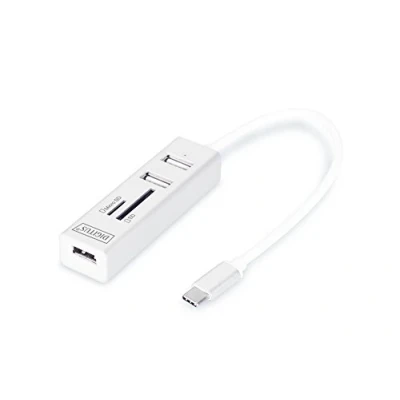Abbildung von DIGITUS USB 2.0 Typ C 3 Port Hub mit Kartenleser, 1x MicroSD Port, Weiß, 81x23x16mm