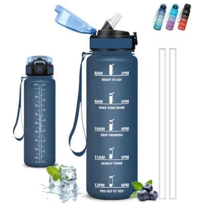 Abbildung von Trinkflasche 1l, Sport, mit Strohhalm, Auslaufsicher, Kohlensäure Geeignet, Kann dir Tragen, Zeitmarkierung, Flasche für Fitness, Wandern