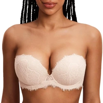 Abbildung von DOBREVA Damen Trägerloser Push Up BH Spitzen Tiefer Ausschnitt Bügel BHS Gepolsterter mit Abnehmbaren Trägern Rose White 80C