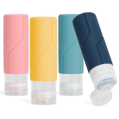 Abbildung von Alyvisun 4 Stück Silikon Reiseflaschen 100ml, [Nachfüllbar &amp; Auslaufsicher] Reisegröße Behälter, zum Befüllen von Shampoo, Lotion, Kosmetik