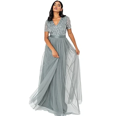 Abbildung von Maya Deluxe Damen Misty Groene korte mouwen Streep Maxi Jurk Bridesmaid Dress, Green, 40 EU