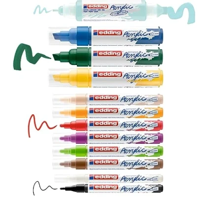 Abbildung von edding Creative Set Acrylstifte wasserfest fein, medium, breit und 1x Acryltube, inkl. Malblock 12 Acrylfarben (basic) Acryl Farben zum Malen auf Leinwand oder Holz für Steine