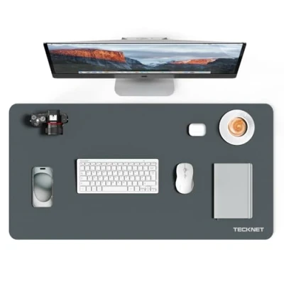 Abbildung von TECKNET Schreibtischunterlage, 80 x 40cm Große Tischschutzpolster,Wasserdichte Laptop Desk Mat,PU Leder Tischunterlage, Abwischbar Doppelseitige Schreibunterlage für Büro/Zuhause (Dunkelgrau/Schwarz)