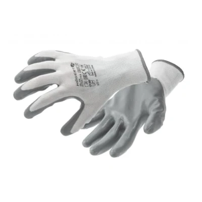 Abbildung von Högert Technik GLAN Nitrilbeschichtete Schutzhandschuhe, weiß/jgrau, Größe 9, 12 Paar/Packung, reiß und stichfest, umweltfreundlich, ideal für präzise Arbeiten