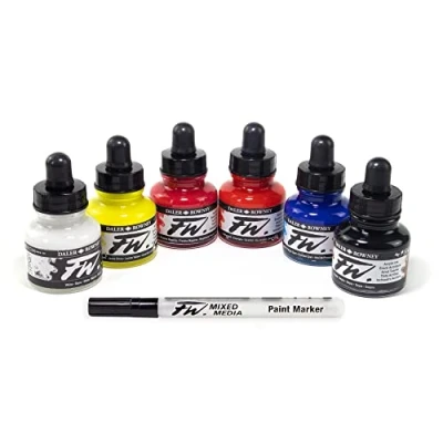 Abbildung von Daler Rowney FW Acrylic Ink Bottle 6 Color Primary Set with Empty Marker