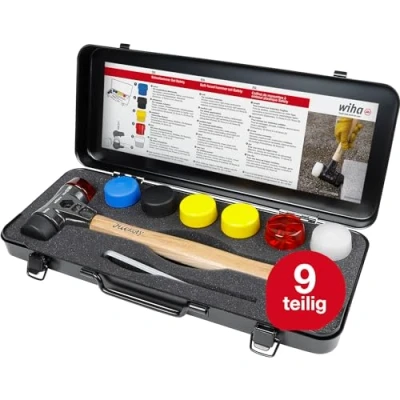 Abbildung von Wiha Schonhammer Set Safety I Hickory Holzstiel Rund Schlagkopf Ø 40 mm Gummihammer mit gemischten Schlagköpfen 9 teilig in Box (44008)