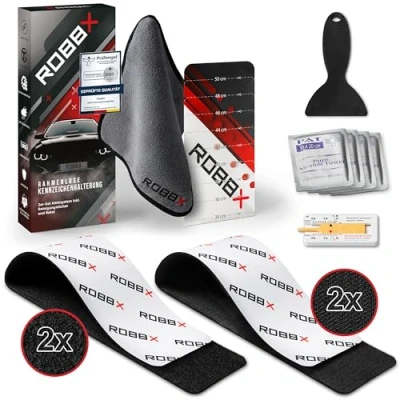 Abbildung von ROBBX® 2X Klett Kennzeichenhalter Rahmenlos I selbstklebend &amp; absolut wetterfest Auto Nummernschildhalter Set Sportliche KFZ Kennzeichenhalterung