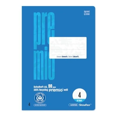 Abbildung von Staufen premio Schulheft 5 Hefte je 32 Blatt, DIN A5, Lineatur 4 (10 mm liniert), 90 g/m² Recyclingpapier