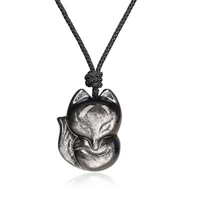 Abbildung von COAI Geschenkideen Unisex Kette mit Fuchs Anhänger aus Silbernem Obsidian Glückskette Halskette