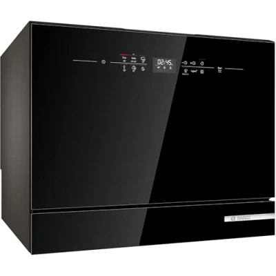 Abbildung von Bosch SKS6ITB00E, Serie 6, Freistehender Kompakt Geschirrspüler 55 cm, Besteckkorb, Mini Spülmaschine, schneller sauberes Geschirr, Extra Trocknen, Schonende Glasreinigung, Automatikprogramme, Schwarz