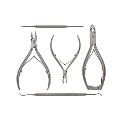 Abbildung von Rhein Instrumente Nagelzange Podologie Instrumenten Set 5 teilig Fußpflege Instrument Nagelzange/Kopfschneider, Eckzange, Hautzange, Eckenheber, Eckfeile, inklusive Schutzkappen