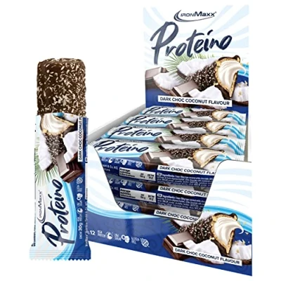 Abbildung von IronMaxx Proteino Proteinriegel Dark Choc Coconut 12 x 30g High Protein Bar auf Waffelbasis mit cremiger Füllung zuckerreduzierter Eiweißriegel glutenfrei und palmölfrei