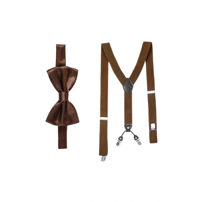 Abbildung von Massi Morino Hosenträger mit Fliege Braun Set für Herren und Damen I Y Form Träger elastisch extra starken Clips 3,5cm breit längenverstellbar Vorgebundener Schlips Anzug