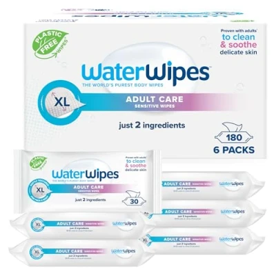 Abbildung von WaterWipes Pflege für Erwachsene Sanfte Tücher, 180 Tücher (6 Packungen), extra große Feuchttücher auf Wasserbasis, die Reinigung des gesamten Körpers