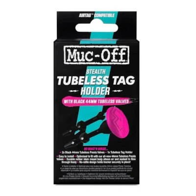 Abbildung von Muc Off Unisex Adult Stealth AirTag Holder &amp; Tubeless Valves Kit, Pink/Black, One Size
