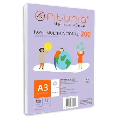 Abbildung von Packung mit 250 weißen DIN A3 Blättern, 200g Druckerpapier. Multifunktionales Kopierpapier für Schule und Büro. Ideal Laserdrucker, Tintenstrahldrucker oder Kopierer Ofituria