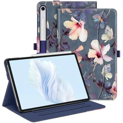 Abbildung von Fintie Hülle für Samsung Galaxy Tab S9 FE 10.9 Zoll/Tab 11 Zoll 2023 Tablet, Multi Winkel Folio Schutzhülle mit Dokumentenfach und Auto Schlaf/Wach Funktion, Blühender Hibiskus