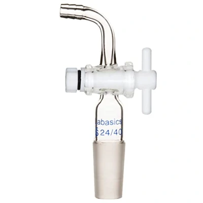 Abbildung von Labasics Durchflusskontrolle Adapter Glas mit PTFE Hahn, 24/40 Verbindung und Gebogenem Schlauchanschluss für Laborversorgung