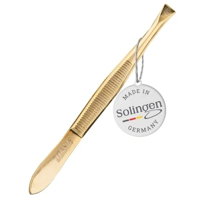 Abbildung von TITANIA Pinzette aus Solingen (8cm, vergoldet) Made in Germany Augenbrauen zum Zupfen Extra präzise Für Haarentfernung · Gerade, breite Spitze