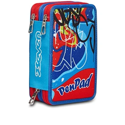 Abbildung von Seven Federmäppchen, Mäppchen, mehrfarbig, Federtasche für Schreibwaren, Etui mit Stiften, Kugelschreiber, &amp; mehr, 3 Fächer, Mädchen Jungen, Schule Grundschule, XXL, rot/blau