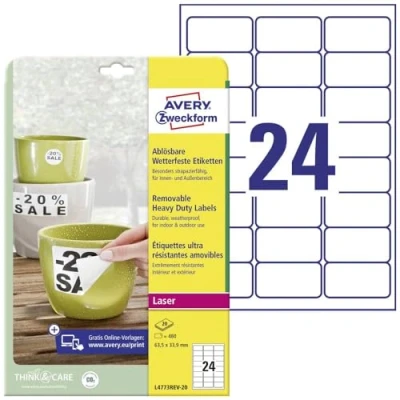 Abbildung von AVERY Zweckform L4773REV 20 Wetterfeste Folienetiketten (480 Aufkleber, 63,5x33,9mm auf A4, selbstklebend, wasserfest, wiederablösbar, strapazierfähig, bedruckbare Outdoor Klebefolie) Blatt, weiß