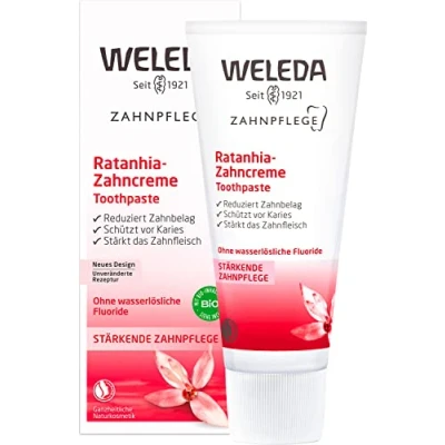 Abbildung von WELEDA Bio Ratanhia Zahnpasta fluoridfreie Naturkosmetik Zahncreme zur natürlichen Zahnpflege. Sanfte Zahnreinigung stärkt das Zahnfleisch, schützt vor Karies &amp; entfernt Zahnbelag (vegan / 75ml)