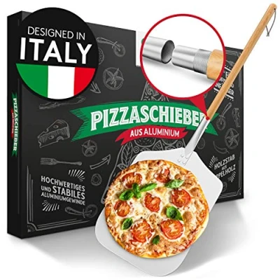 Abbildung von Pizza Divertimento [DAS ORIGINAL] Pizzaschieber Pizzaschaufel aus rostfreiem Aluminium [83 cm] Robustes Gewinde Pizzaheber mit abgerundeten Kanten Inkl. e Rezeptbuch