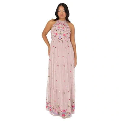 Abbildung von Maya Deluxe Damen Women&#039;s Ladies Maxi Dress Sleeveless Halterneck Tiered Floral Embroidered A line for Wedding Guest Evening Ball Gown Kleid, Frosted Pink,