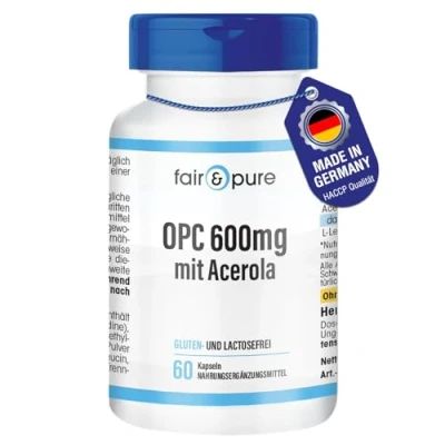 Abbildung von Fair &amp; Pure® OPC 600mg mit Acerola 60 Kapseln vegan hochdosierter Traubenkernextrakt natürlichem Vitamin C ohne Magnesiumstearat