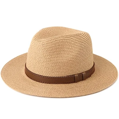 Abbildung von DRESHOW Damen Panama Hut Fedora Strand Sonnenhut Breiter Rand Stroh Aufrollen UPF 50+