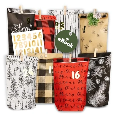 Abbildung von AMARI ® Adventskalender zum Befüllen Nr. 21 Holidays 24 Papier Adventstüten (mit Holzklammern) Basteln für Weihnachten Weihnachtstüten