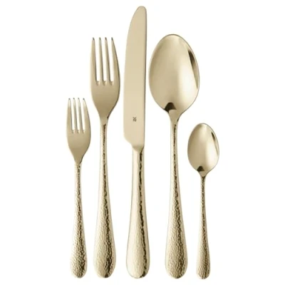 Abbildung von WMF Sitello Besteck Set 6 Personen, Gold Edition, Essbesteck 30 teilig, Monobloc Messer, Cromargan Edelstahl poliert, Hammerschlag, ergonomisch, glänzend