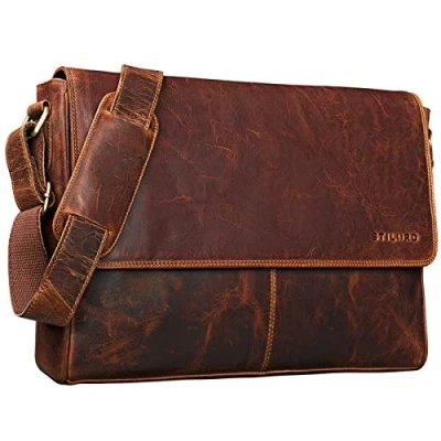 Abbildung von STILORD &#039;Oskar&#039; Vintage Messenger Bag Leder Umhängetasche Schultertasche Uni Bürotasche Laptoptasche Echtleder Kara braun