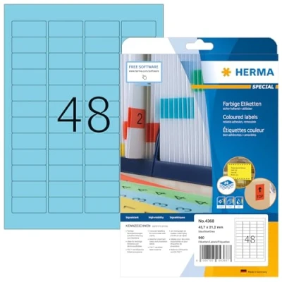 Abbildung von HERMA 4368 Farbige Etiketten blau ablösbar, 20 Blatt, 45,7 x 21,2 mm, 48 pro A4 Bogen, 960 Stück, selbstklebend, bedruckbar, matt, blanko Papier Farbetiketten Aufkleber