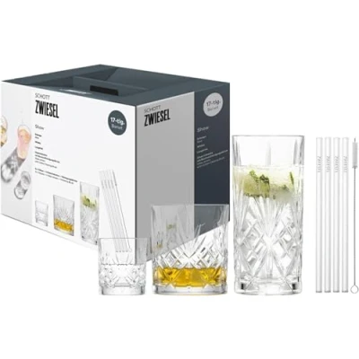 Abbildung von SCHOTT ZWIESEL 17er Barset Show, jeweils 4 Anmutige Longdrink , Whisky und Schnapsgläser mit Relieff, Glastrinkhalmen 1 Baumwollbürste, Spülmaschinenfeste Kristallgläser (Art. Nr. 124010)