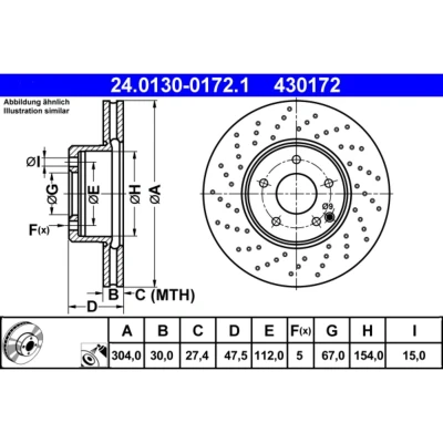 Abbildung von ATE 24.0130 0172.1 Bremsscheibe 304,0 30,0 5 112,0 gelocht/innenbel. beschichtet legiert/hochgekohlt MERCEDES BENZ: S Class Saloon