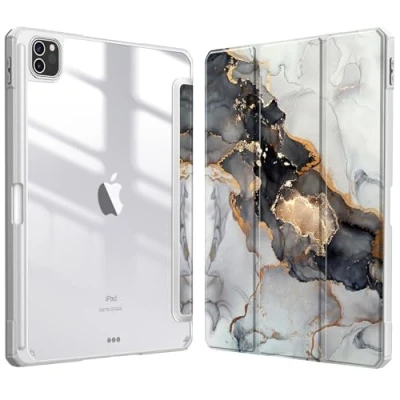 Abbildung von Fintie Hybrid Hülle für iPad Pro 11 2022/2021 (3./4. Generation) mit Stifthalter Stoßfeste Schutzhülle transparenter Hartschale auf der Rückseite 2020/2018, Trüber Marmor