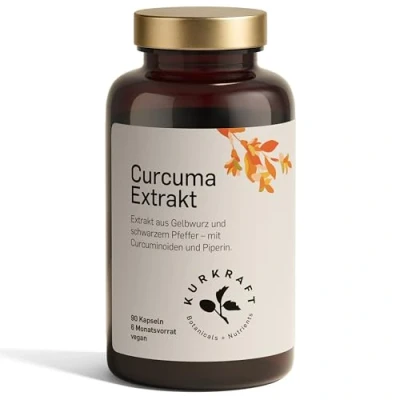 Abbildung von KURKRAFT Curcuma Extrakt Kapseln hochdosiert (475mg Curcuminoide je Kapsel) mit schwarzem Pfeffer und Bio Kurkuma Pulver