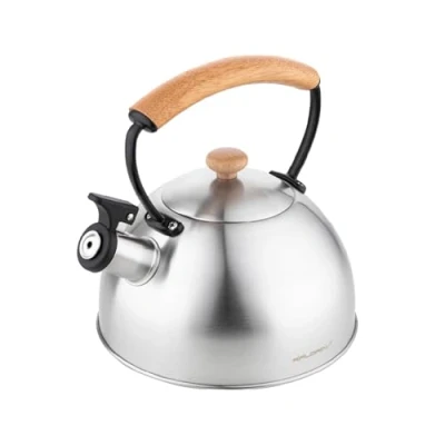 Abbildung von FLORINA Wasserkessel (2,3 l) Edelstahl Teekessel NATURA Flötenkessel mit Holzgriff Automatischer Pfiff Wasserkocher für Induktionsherd, Gasherd und Elektroherd Farbe: Silber