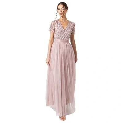Abbildung von Maya Deluxe Damen Women&#039;s Maxi Ladies V neck Plus Size Ball Gown Short Sleeves Long Elega Bridesmaid Dress, Frosted Pink, 38 EU