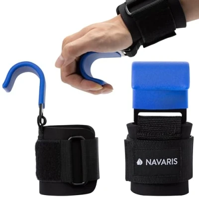 Abbildung von Navaris Zughilfen mit Haken für Krafttraining Zughilfe Set Fitness Bodybuilding Gelenkschutz Profi Kraftsport Straps Metallhaken Blau