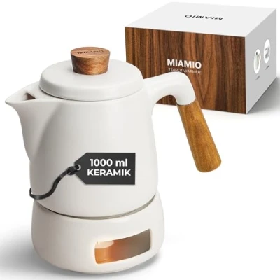 Abbildung von MIAMIO Teekanne mit Stövchen Set / 1L 1000 ml Tee Kanne Siebeinsatz und Deckel für losen Geschenk Damen/Teeliebhaber (Weiß)