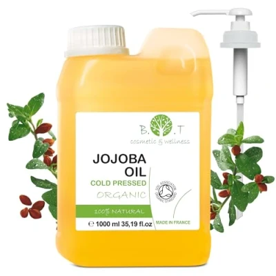 Abbildung von Jojobaöl Bio Rein Kaltgepresst, Gesichtsöl, Körperöl, Massageöl, Bart, Haar Öl, Wimpern Haut Lippen Kopfhaut Nägel Öl für die Augenpartie, Wasserfester Make up Entferner 1000 ml