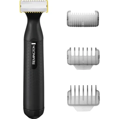 Abbildung von Remington Multi Haarschneidemaschine [Barttrimmer, Körperhaartrimmer] Omniblade HG1000 (Rasierer 0,15 mm + 3 Autsteckkämme, 100% wasserdicht, Batteriebetrieb inkl. 2x AAA Batterien) Bartschneider