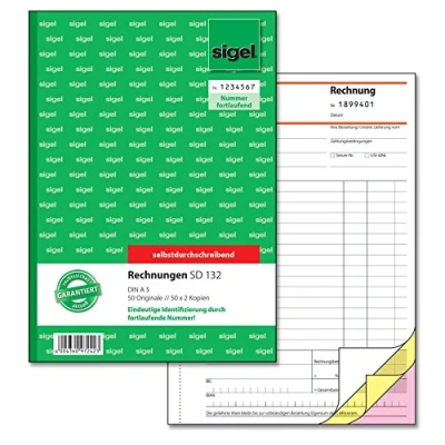Abbildung von SIGEL SD132 Rechnungen fortlaufend nummeriert, eindeutige 7stellige Nummer wie vom Finanzamt vorgeschrieben, A5, 3x50 Blatt, selbstdurchschreibend, mit Abheftlochung, aus nachhaltigem Papier